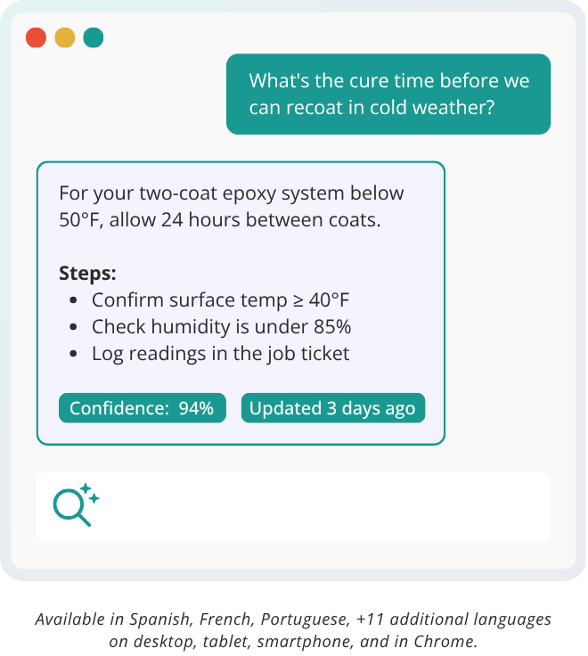 "What's the cure time before we can recoat in cold weather" is asked, with a company-specific answer provided based on their Standard Operating Procedures (SOPs). A search bar indicates follow-up questions can be asked. Subtext reads "Available in Spanish, French, Portuguese, +11 additional languages on desktop, tablet, smartphone, and in Chrome."